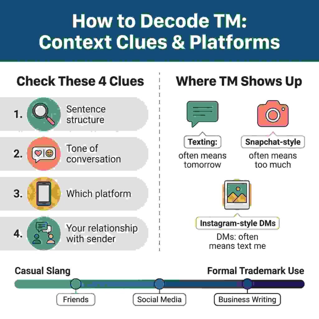 Infographic titled 'How to Decode TM: Context Clues & Platforms' showing 4 clues to check and where TM shows up on texting, Snapchat, and Instagram, plus a scale from casual slang to formal trademark use