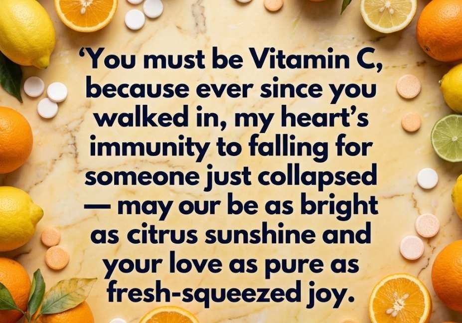 Vitamin pick up lines quote on citrus fruit background with oranges, lemons, and vitamin C tablets in golden sunlight"