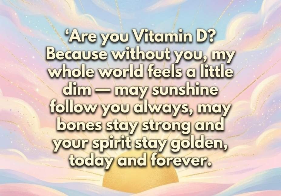 Vitamin pick up lines blessing over golden sunrise background with soft pastel sky and sparkling light rays"