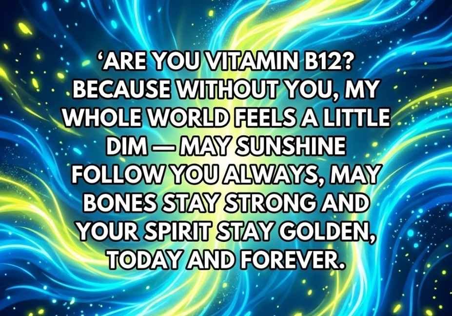 Vitamin pick up lines message on neon blue and yellow energy wave background with glowing particles"