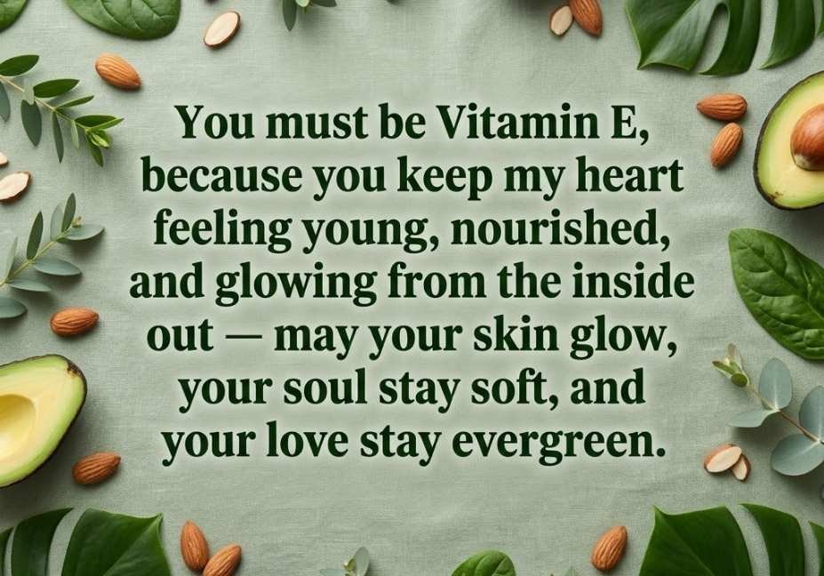 Vitamin pick up lines quote on green botanical background with leaves, almonds, and avocado slices"