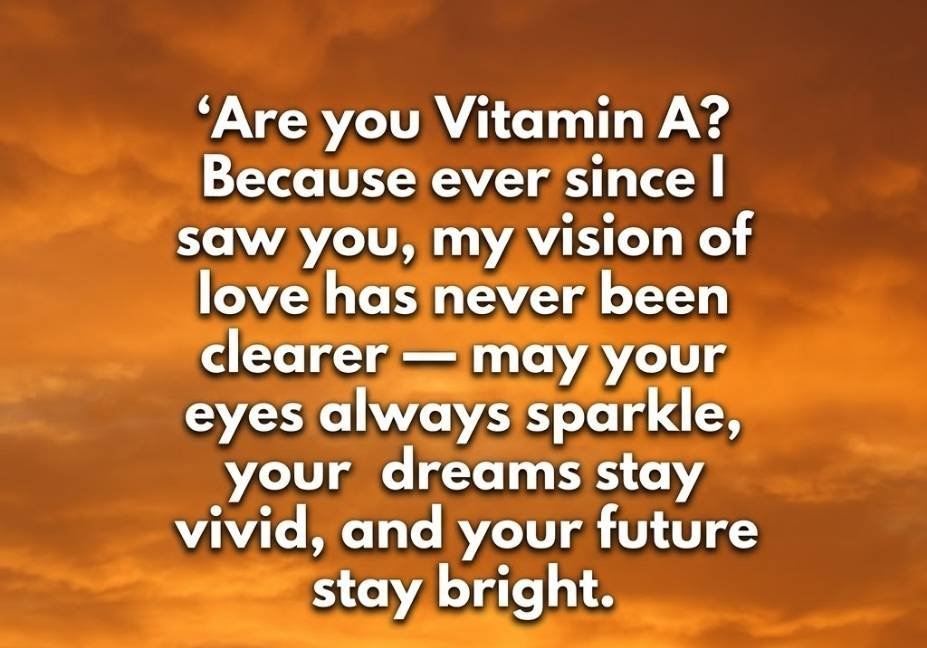 "Vitamin pick up lines blessing over amber sunset sky background with warm glowing clouds"