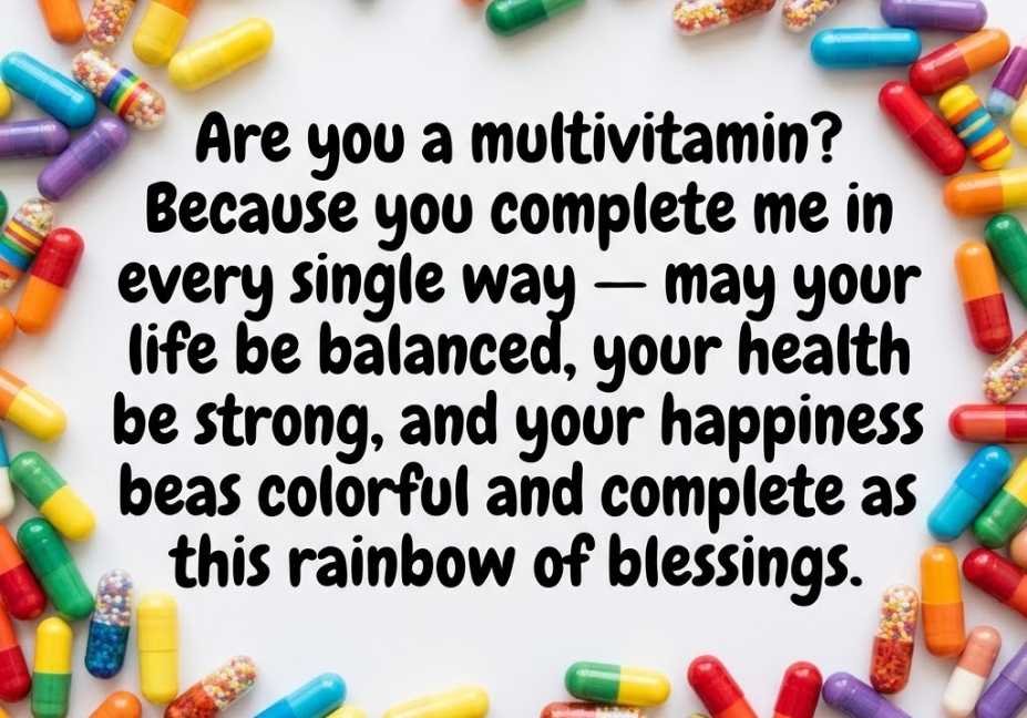 "Vitamin pick up lines quote on colorful multivitamin capsules background with rainbow colored pills"