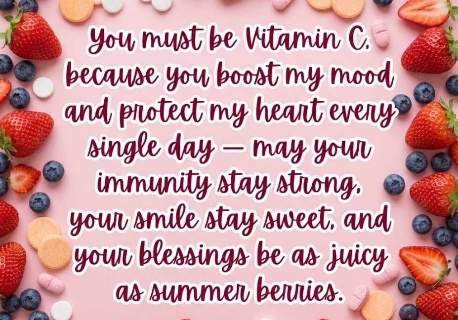 "Vitamin pick up lines blessing on fresh berry background with strawberries, blueberries, and vitamin C tablets"