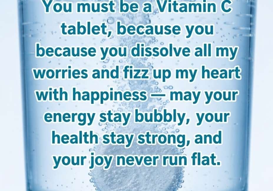 Vitamin pick up lines quote on sparkling water background with dissolving vitamin C tablet and bubbles"