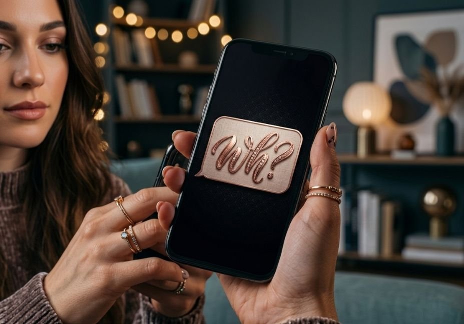 Smartphone screen glowing with bold calligraphic "WH?" text message in a cozy warm-lit setting