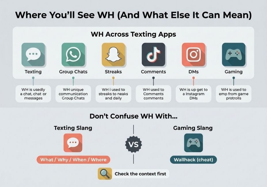 Infographic comparing WH texting slang across apps versus its gaming slang meaning