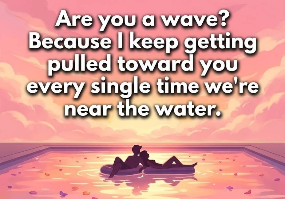 Water sport pick up lines quote over a glowing sunset pool with floating flower petals