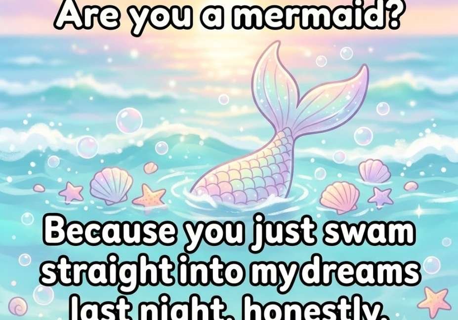 Mermaid Dream Ocean — Cute mermaid-themed water sport pick up lines image with sparkling ocean sunrise
