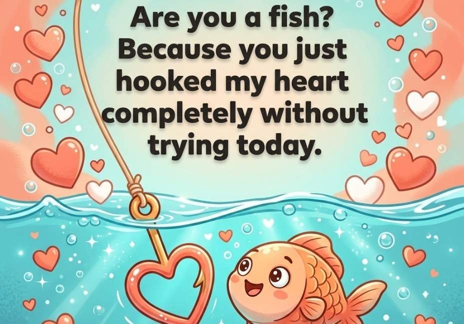 Cheesy Fishhook Heart — Cheesy water sport pick up lines with heart-shaped fishhook and cartoon fish illustration