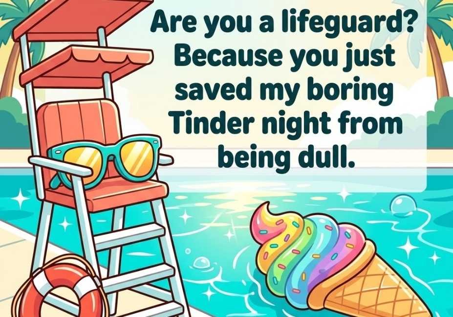 Poolside Lifeguard Fun — Funny water sport pick up lines featuring a cartoon lifeguard chair by the pool
