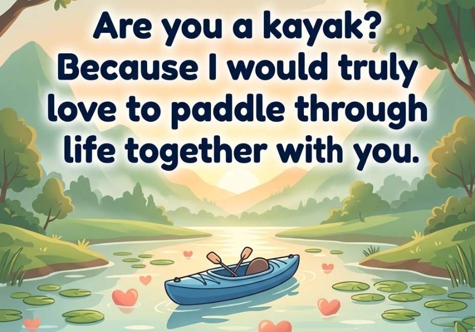 Kayak Adventure Hearts — Romantic water sport pick up lines with a kayak floating on a misty river