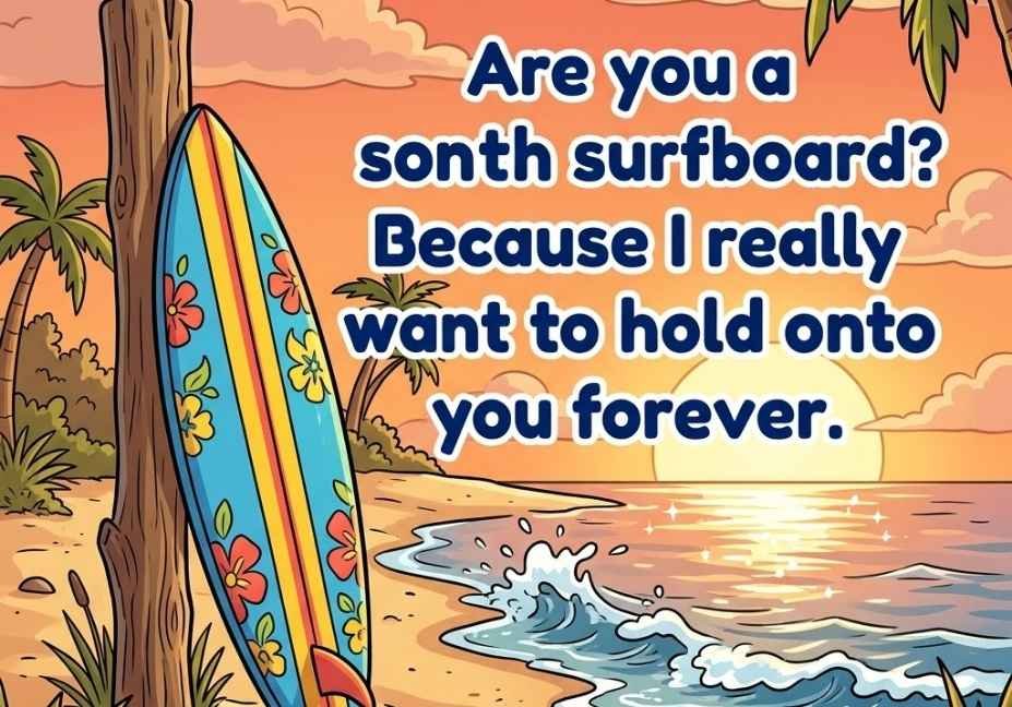 Surfboard Sunset Splash — Water sport pick up lines quote on a surfboard beach scene at sunset