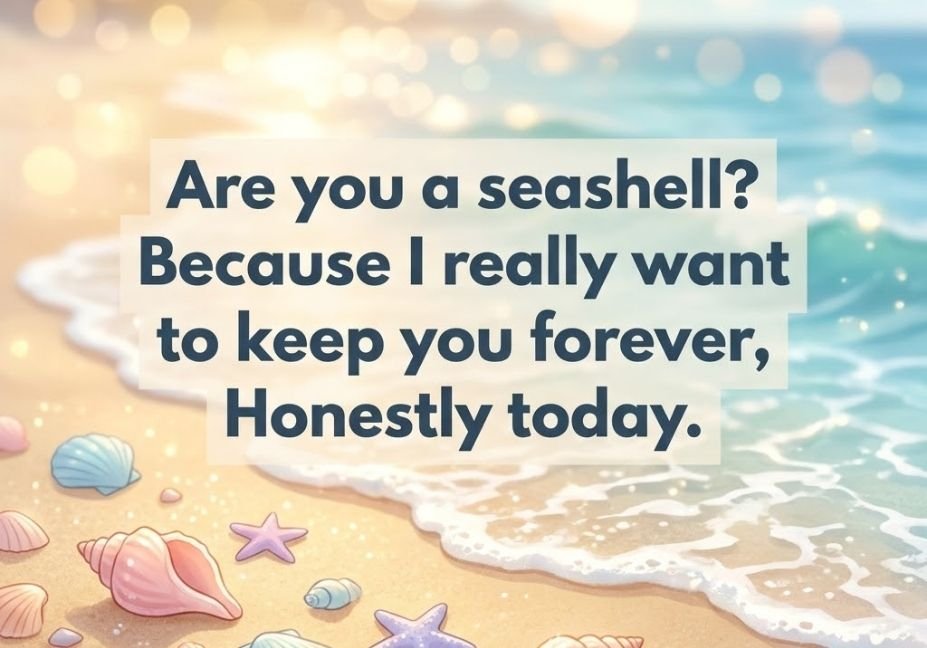 Seashell Summer Glow — Cute water sport pick up lines with pastel seashells on golden summer sand