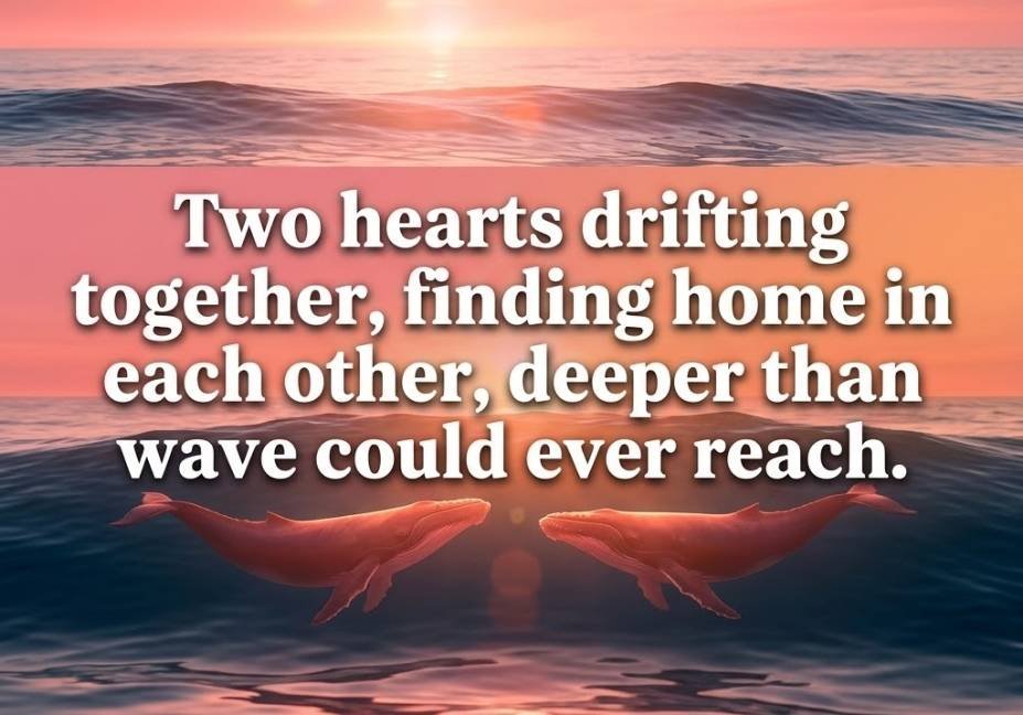 Whale pickup lines romantic quote image showing two whales swimming together at sunset