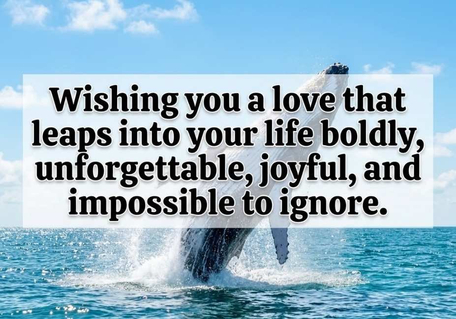 Whale pickup lines bold quote image with humpback whale leaping under blue sky