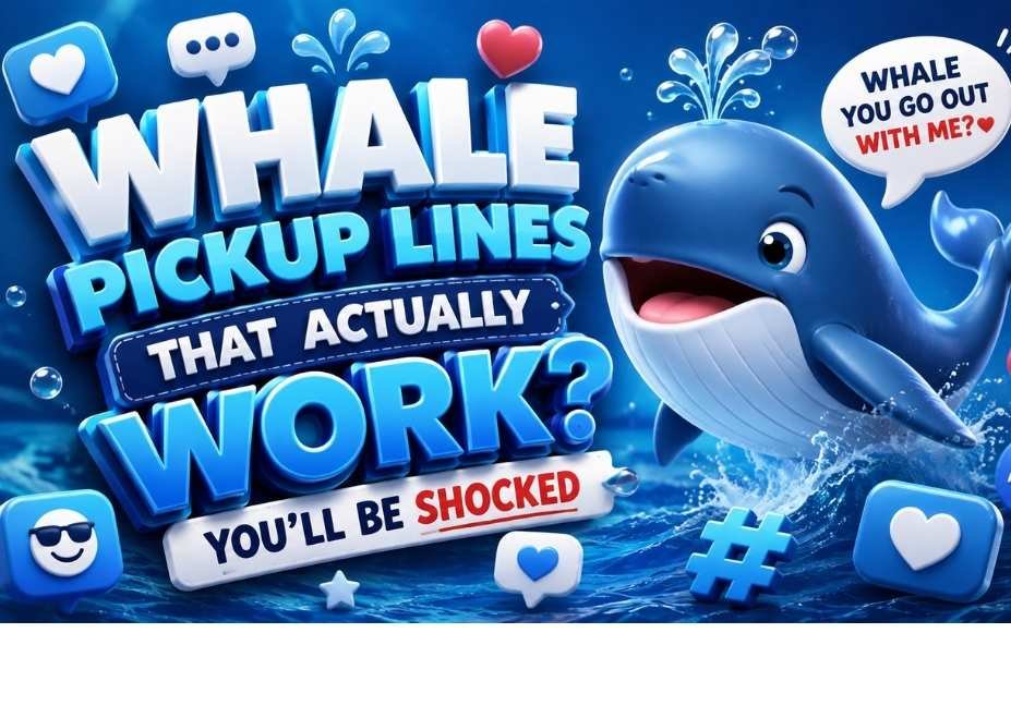 “3D cartoon whale splashing in ocean with playful dating-themed speech bubbles and bold text reading ‘Whale Pickup Lines That Actually Work’ and ‘You’ll Be Shocked.’”