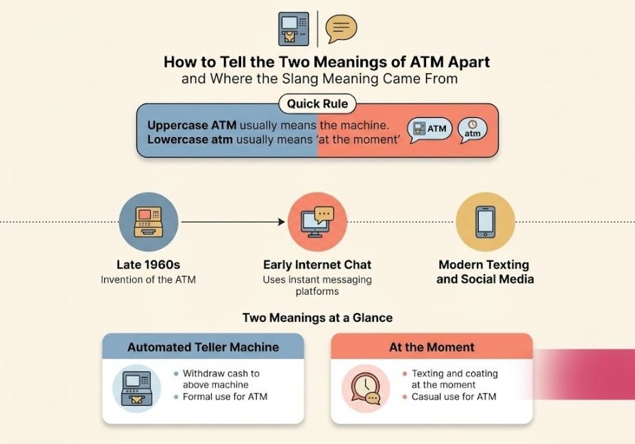 Infographic showing how to tell ATM the bank machine apart from atm the texting slang, plus its origin timeline