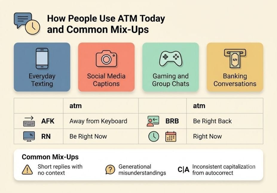 Infographic showing common everyday uses of atm in texting and social media, plus common ATM meaning mix-ups