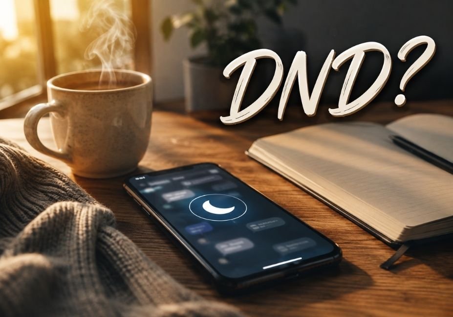 What does DND mean in text, illustrated with a smartphone showing Do Not Disturb mode on a desk