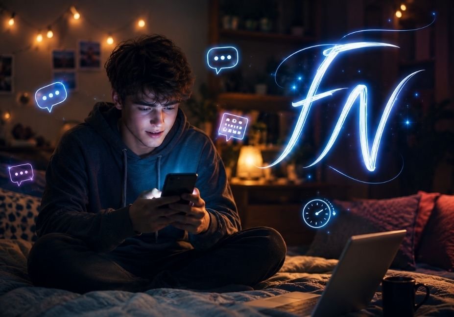 Person reading a confusing text message glowing with stylized "FN" calligraphy at night