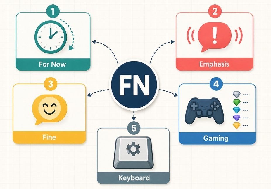 Infographic showing five meanings of FN including for now, emphasis, fine, gaming, and keyboard key