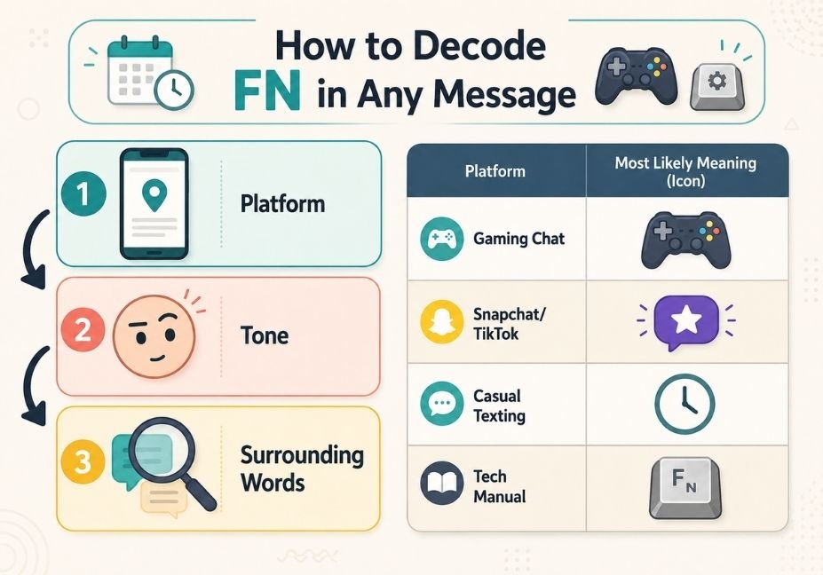 Infographic explaining a three-step method to decode FN by platform, tone, and context