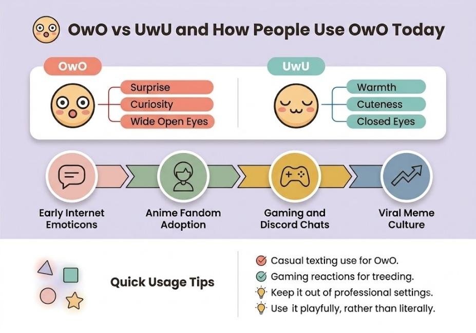 Infographic comparing owo vs uwu meanings and showing how owo spread through texting, gaming, and meme culture