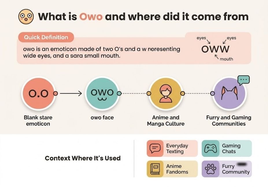 Infographic explaining what owo means and its origin from early internet emoticons to anime and furry fandom culture