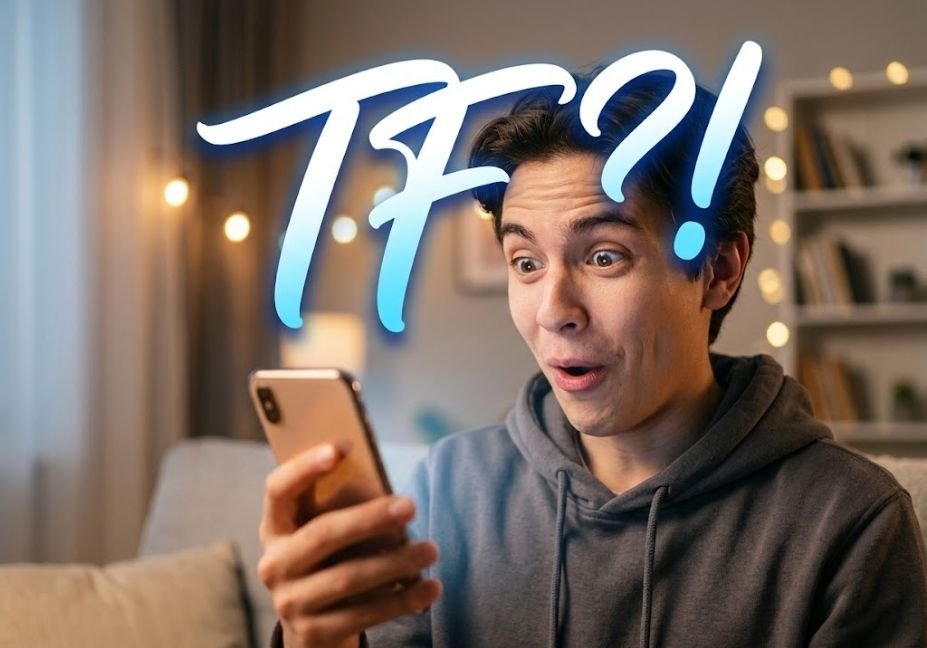 Person reacting with shock while texting, illustrating what tf means in text