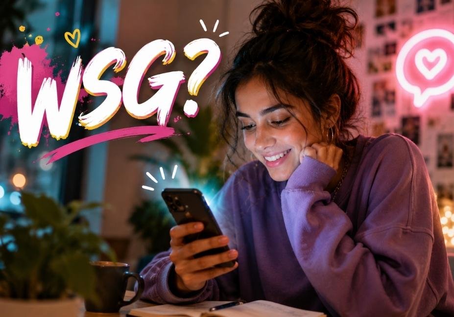 Young person smiling while reading a "WSG" text message on their smartphone in a cozy, warmly lit setting