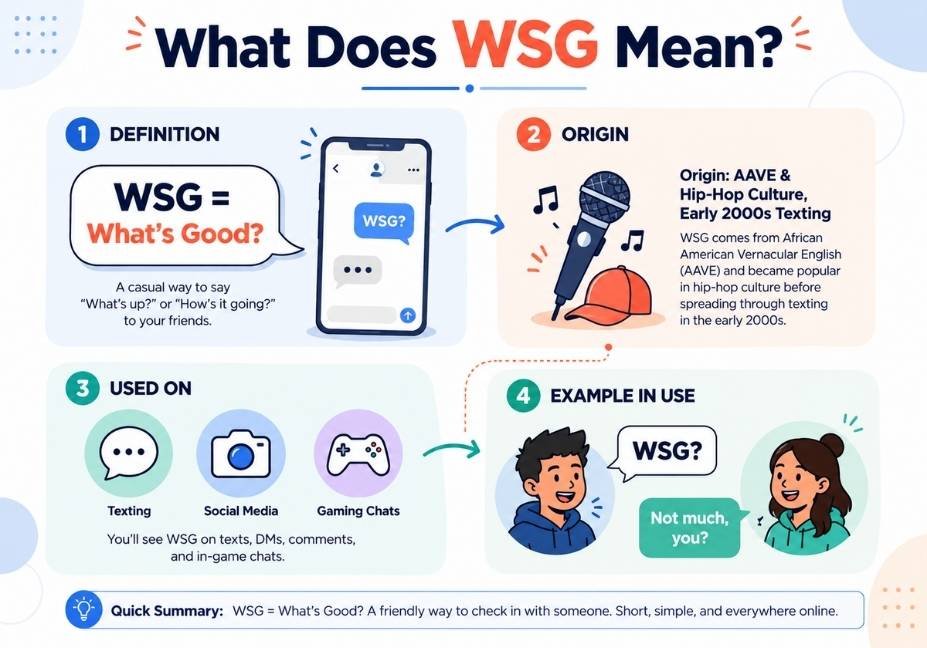 Infographic explaining that WSG means "What's Good," its AAVE and hip-hop origin, and where it's commonly used online