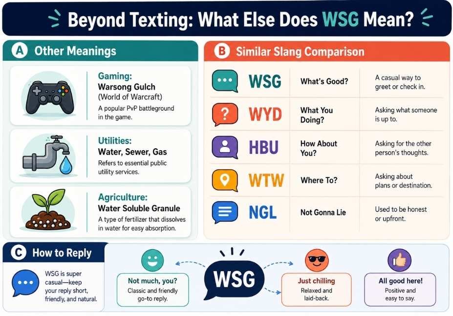 Infographic comparing WSG's other meanings in gaming, utilities, and agriculture alongside similar texting slang like WYD and HBU
