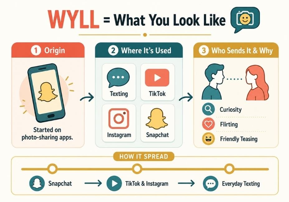 Infographic explaining WYLL meaning, its origin on Snapchat, and where it is used across TikTok, Instagram, and texting