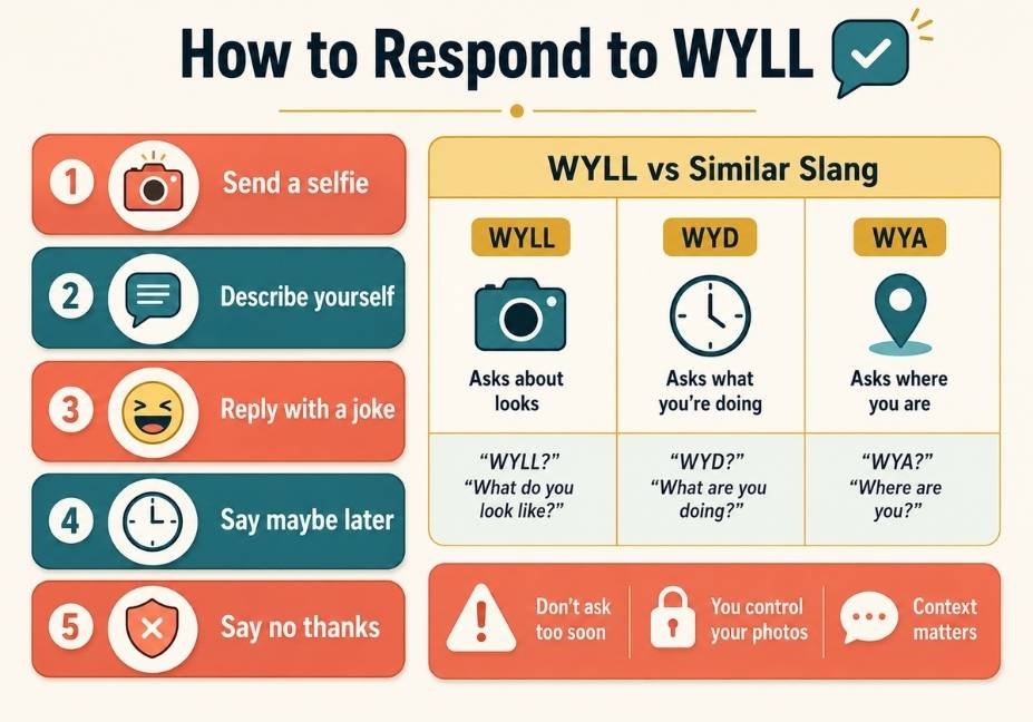 Infographic showing how to respond to WYLL texts and comparing WYLL to WYD and WYA slang terms
