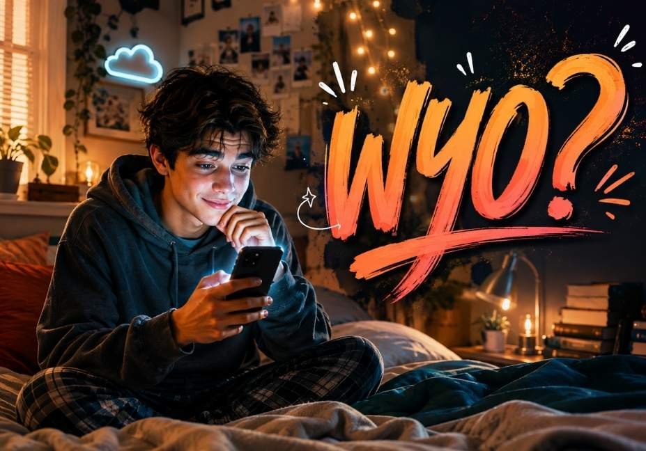 Person smiling at a glowing phone screen in a cozy bedroom, with bold calligraphic "WYO?" text overlay representing texting slang meaning.