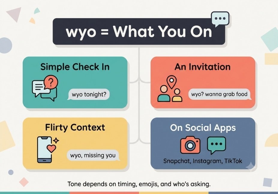Flat-design infographic explaining the four main contexts where "wyo" is used in texting, with icons and example messages.