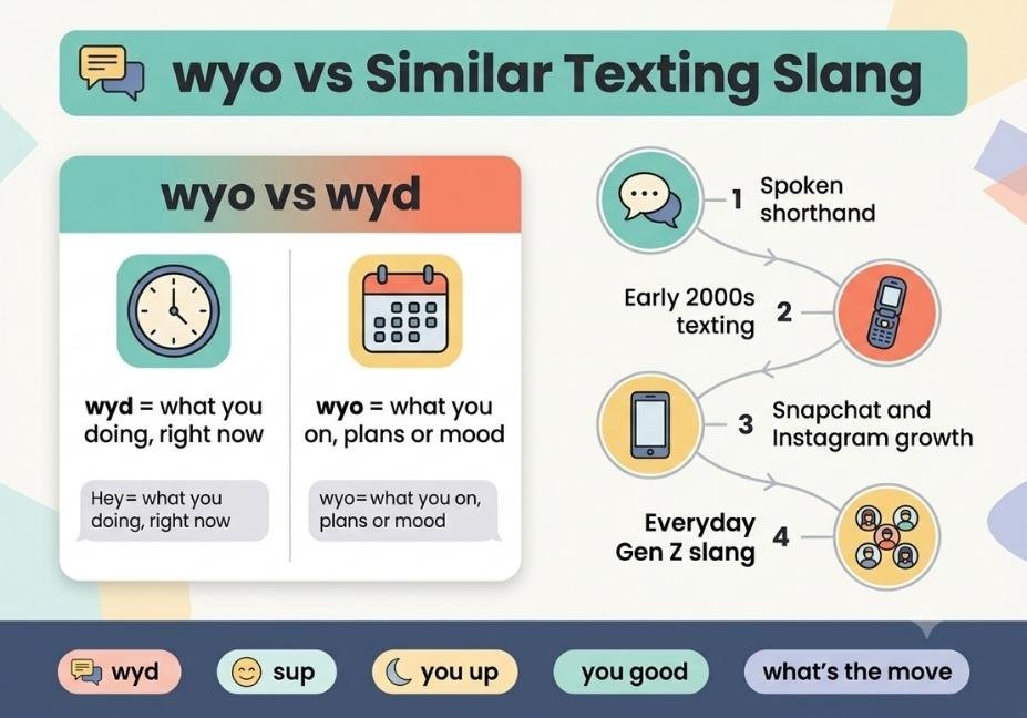 Infographic comparing "wyo" to "wyd" and showing a timeline of how texting slang like wyo developed, plus similar slang alternatives.