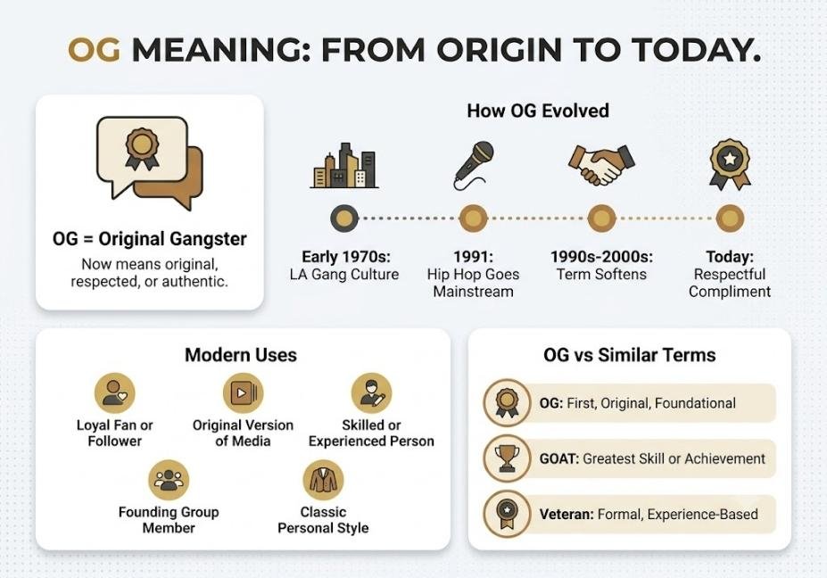 Infographic explaining OG meaning, its origin timeline from 1970s gang culture to modern slang, and comparison to GOAT and veteran