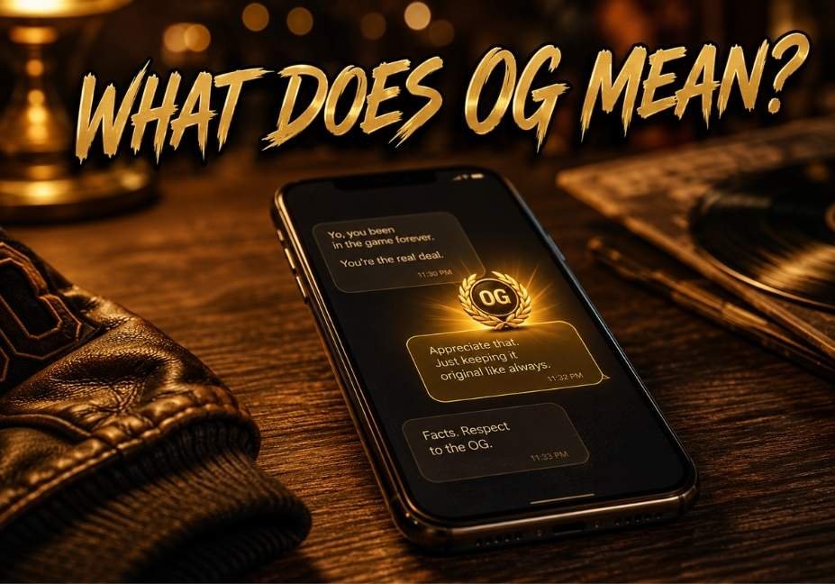 What does OG mean in text — glowing gold badge icon on smartphone message screen
