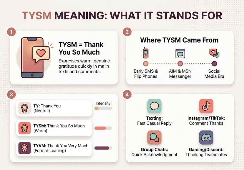 Infographic explaining TYSM meaning, its origin timeline, and comparison to TY and TYVM