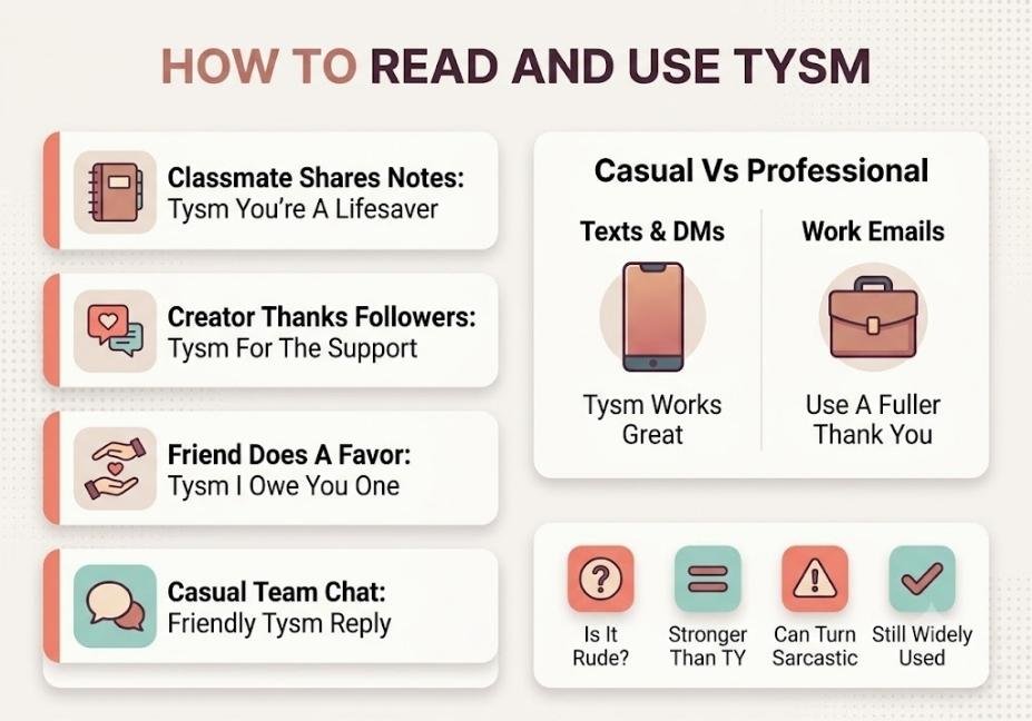 Infographic showing real-life TYSM usage examples and when to use it casually vs professionally