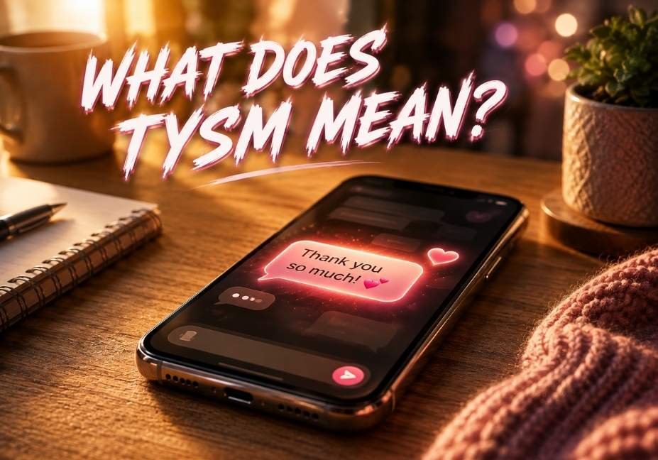What does tysm mean in text — glowing thank you message bubble on smartphone screen