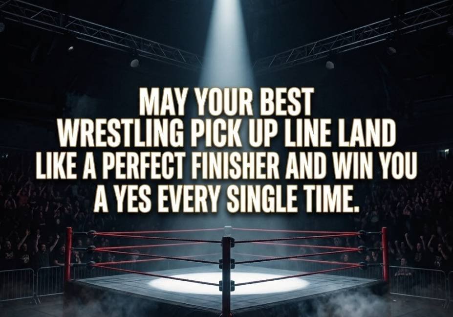 Wrestling Pick Up Lines That Actually Get a Yes quote graphic with spotlight ring background"