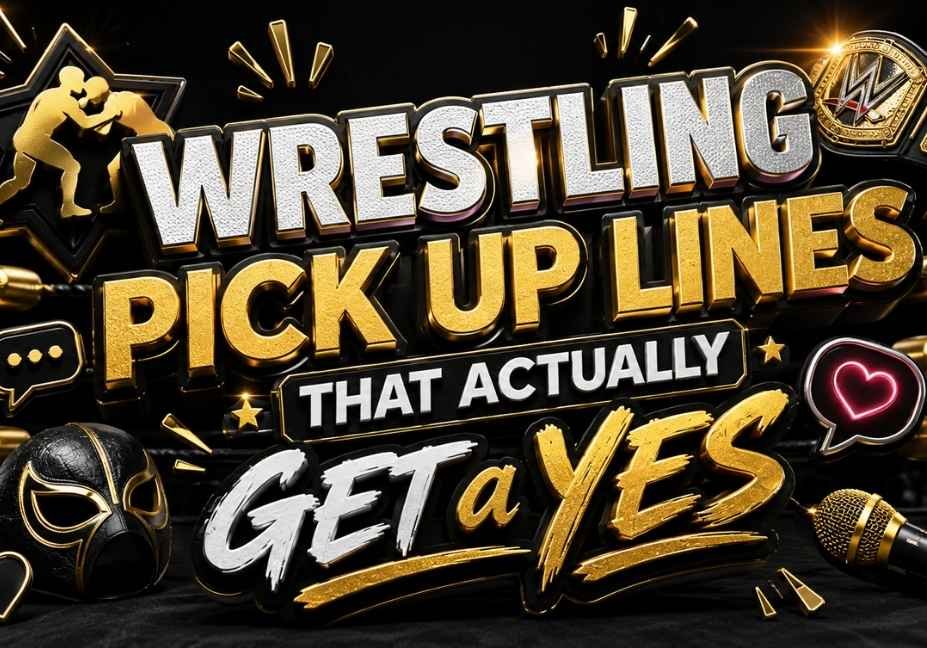 Black-themed 3D wrestling pick up lines illustration with bold gold typography, wrestling ring, championship belt, mask, microphone, chat icons, and heart graphics for a dating humor blog.