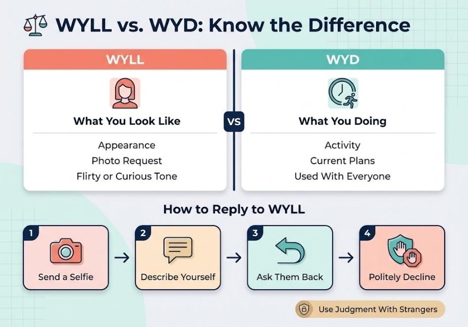 Infographic comparing WYLL vs WYD meaning and showing how to reply to WYLL