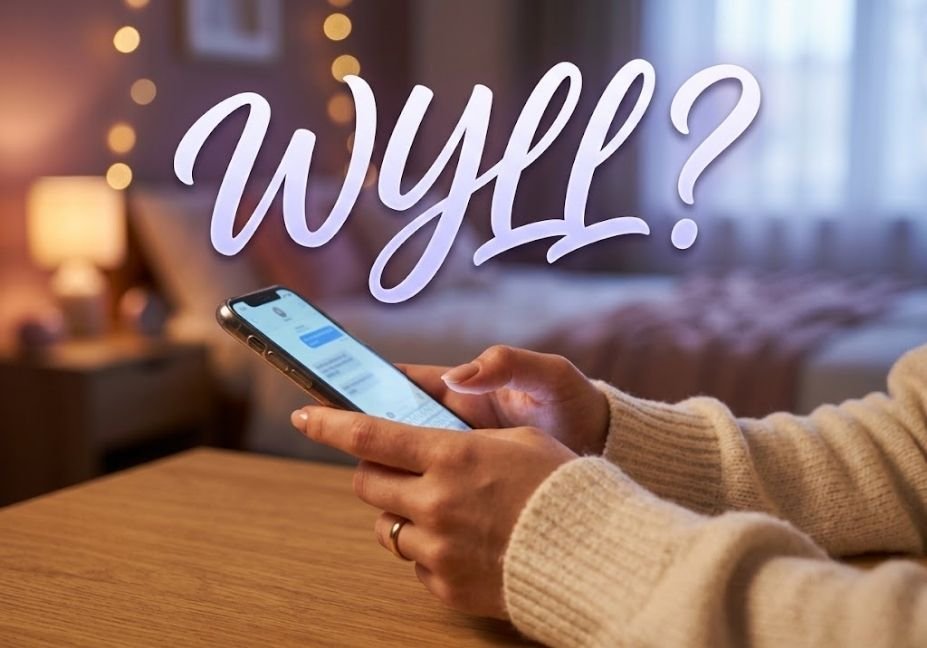 Woman texting on smartphone with glowing screen, illustrating the wyll meaning in text