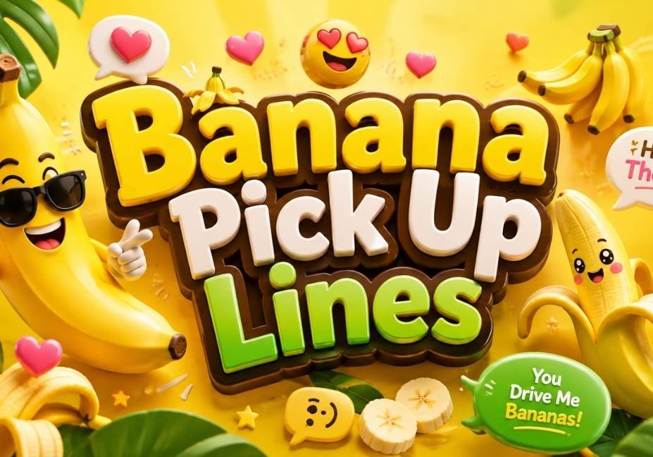 A vibrant 16:9 illustrated blog header featuring large glossy 3D text reading "Banana Pick Up Lines" in bright yellow, white, and green lettering with chocolate-brown outlines. The design includes cute smiling banana characters, peeled bananas, banana slices, a banana bunch, pink hearts, speech bubbles, emoji faces, tropical leaves, stars, and playful chat icons. The warm yellow gradient background with soft lighting creates a fun, cheerful, tropical theme perfect for a humorous pick-up lines article.
