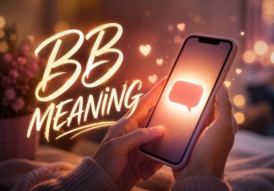 "Glowing smartphone with warm bokeh background and bold calligraphic 'BB Meaning' text"