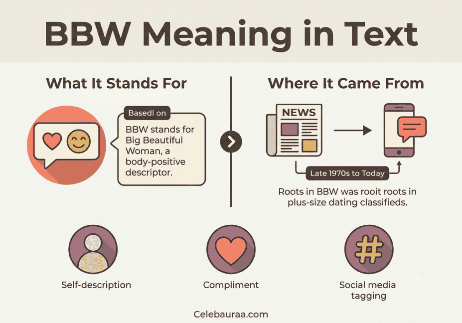Infographic explaining what BBW stands for and its origin in plus-size dating classifieds since the late 1970s." Caption: "Where BBW comes from and what it means today."
